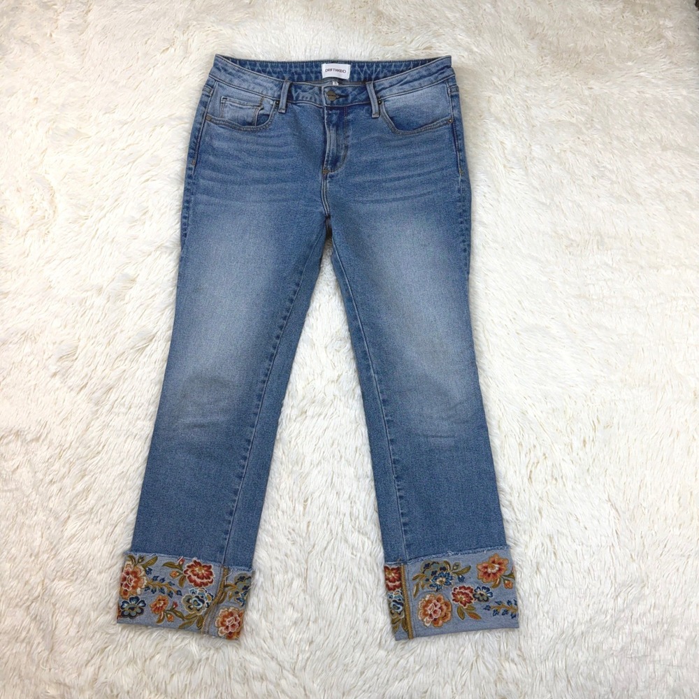 Driftwood Colette Jeans Women 28 Blue Floral Embroidered Cuff Cropped Straight